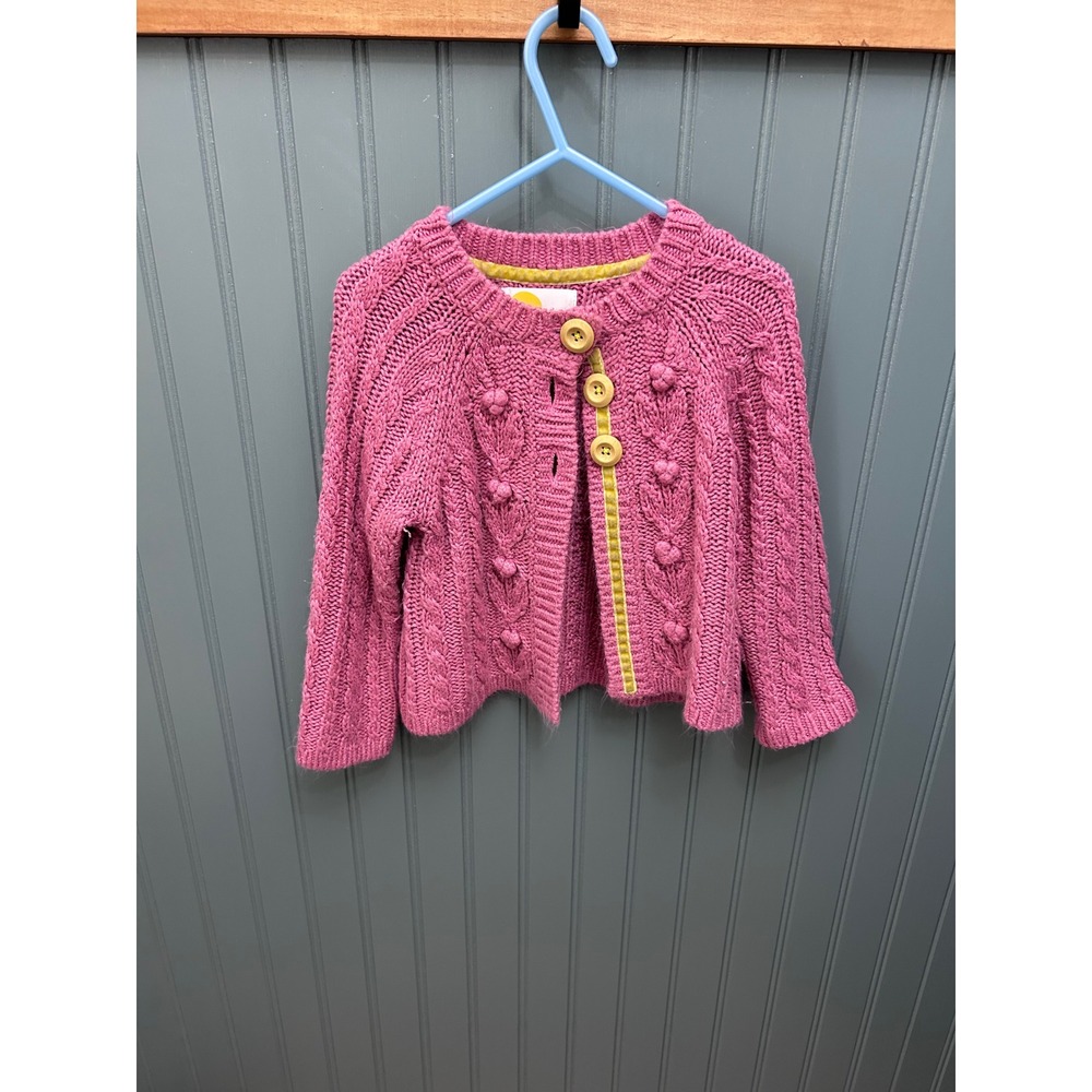 Mini Boden Girls Pink Cable Knit Bobble Cardigan Sweater Velvet Trim‎ 2-3Y 98cm